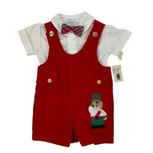 Vintage Baby Boy Christmas Outfit 18M Red Romper Shirt Bow Tie Bear Toy Soldier
